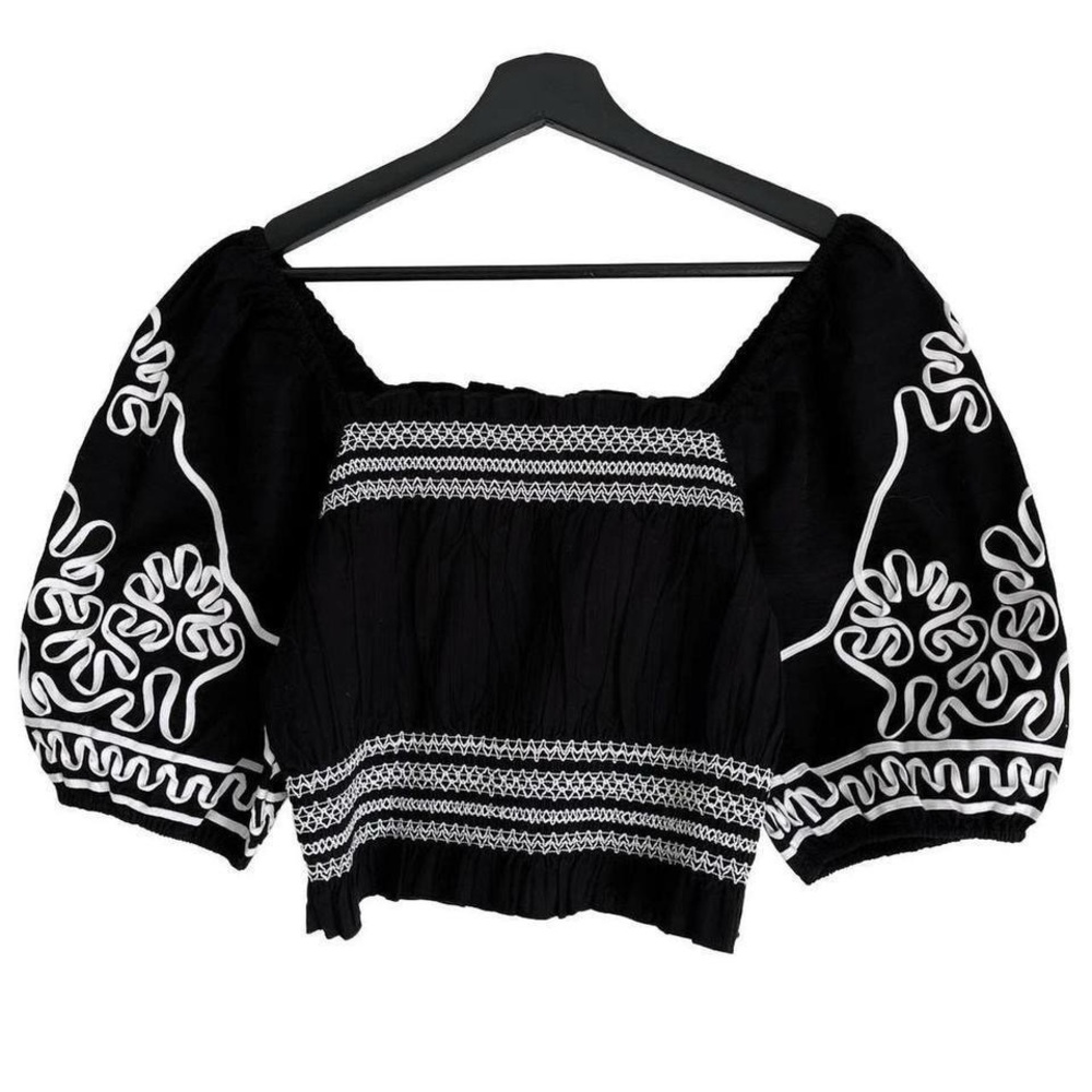 Black Embroidered Puff-Sleeve Crop Top Blouse Shirt Y.A.S. Anthropologie Revolve
